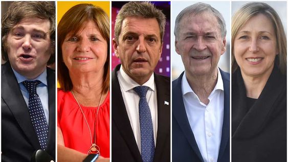 Elecciones 2023: los cinco candidatos a presidente que competirán en las generales: Javier Milei, Patricia Bullrich, Sergio Massa, Juan Schiaretti y Myriam Bregman. (La Voz)