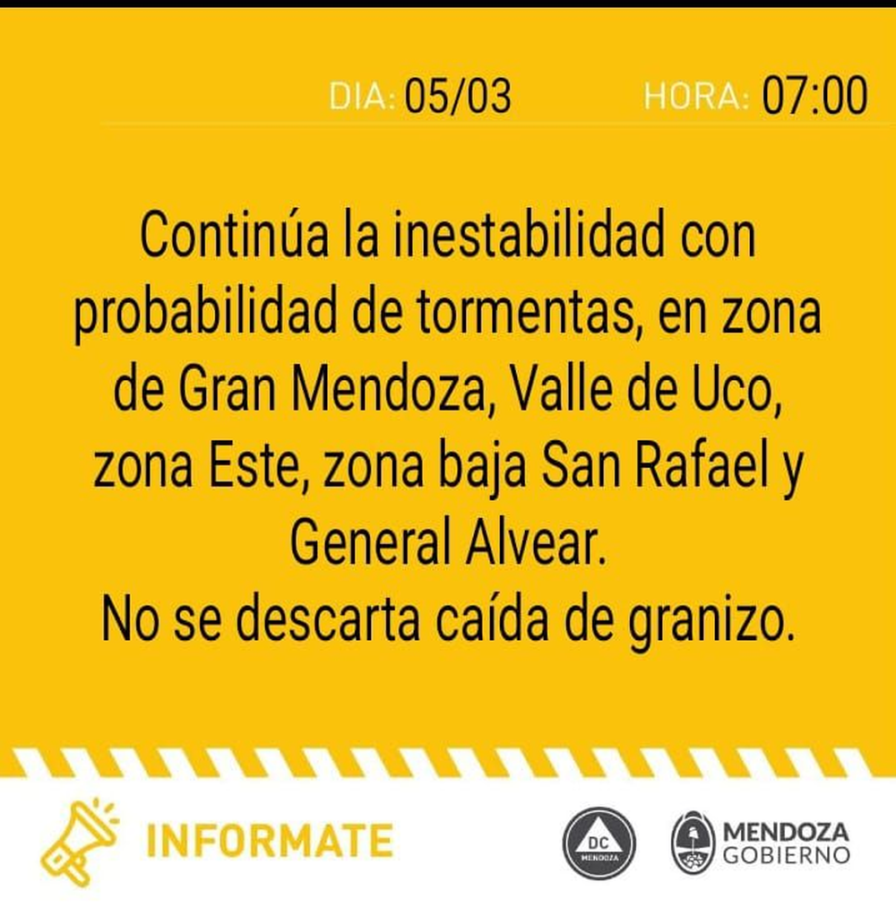 Pronóstico del tiempo. Defensa Civil emitió alerta amarilla por tormentas en Mendoza. 