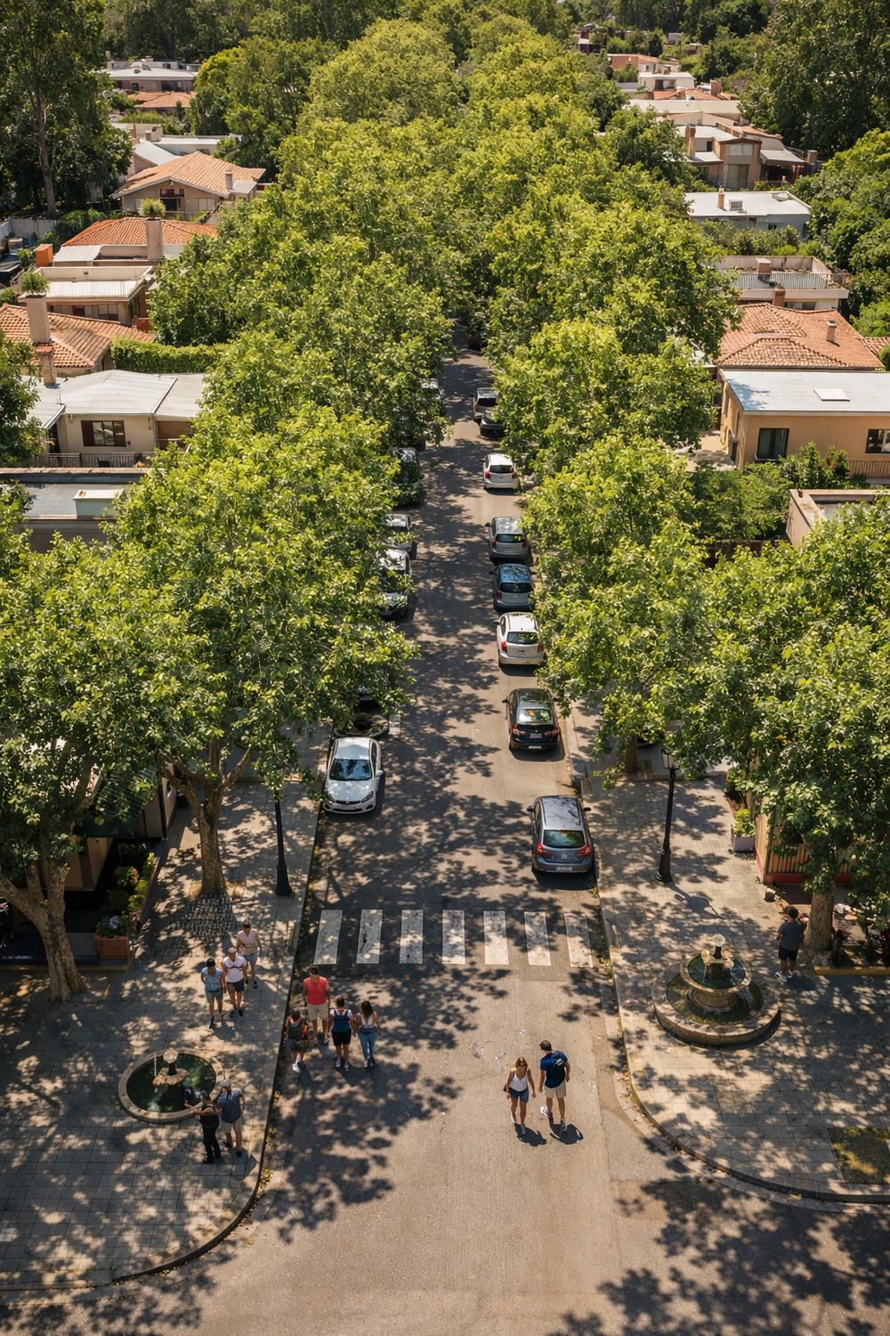 Protección. Calle de barrio sombreada, con elementos e infraestructura que hacen fresco el ambiente exterior e interior. 