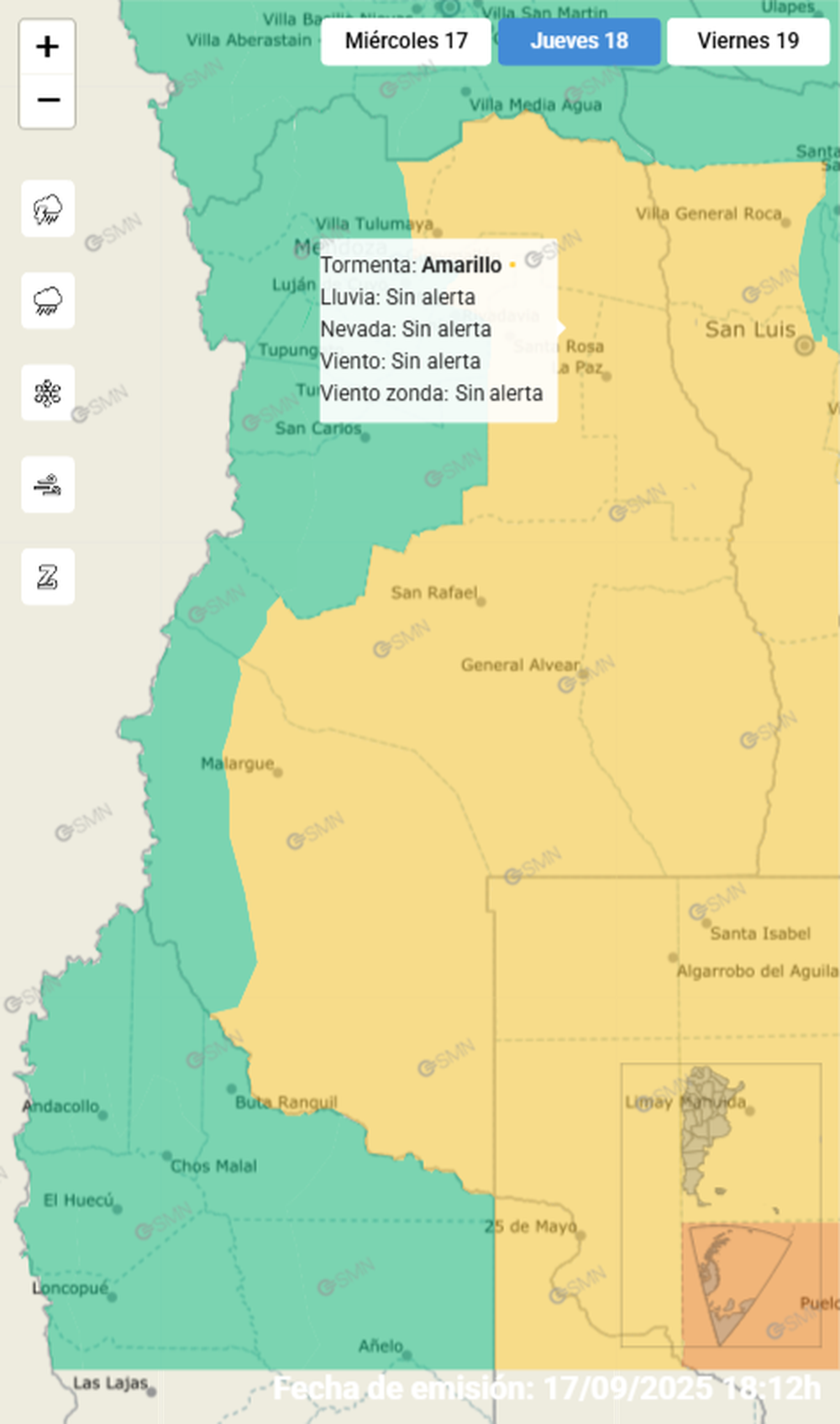 Alerta amarilla por tormentas en varias zonas de Mendoza.