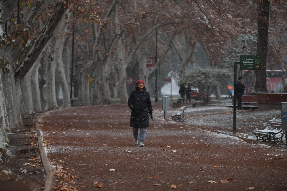 El Parque General San Martín bajo la nieve. Foto: Ramiro Gómez / Los Andes.