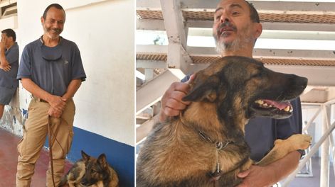 Lisandro Calderón, de 59 años, adiestrador y miembro de Escam junto a su perra