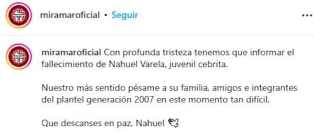 El comunicado del club Miramar Misiones sobre el fallecimiento de Nahuel Varela