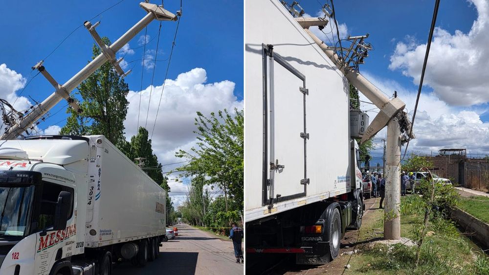 Un camión chocó contra una columna eléctrica en Guaymallén.