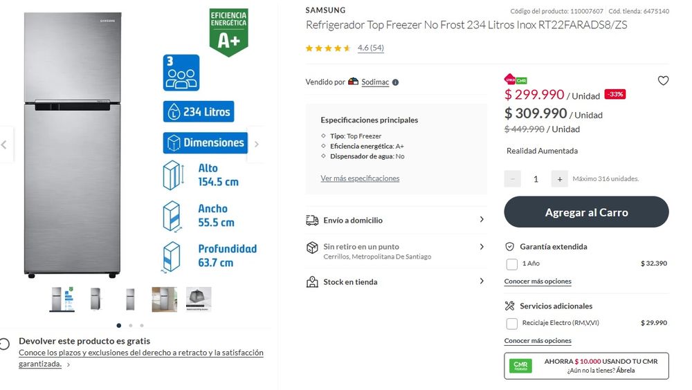 Precio de heladera Samsung en Falabella Chile (septiembre de 2025)