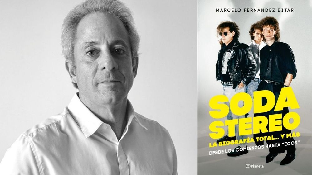 El periodista Marcelo Fernández Bitar y la portada de la biografía de Soda Stereo, actualizada hasta la gira Ecos.