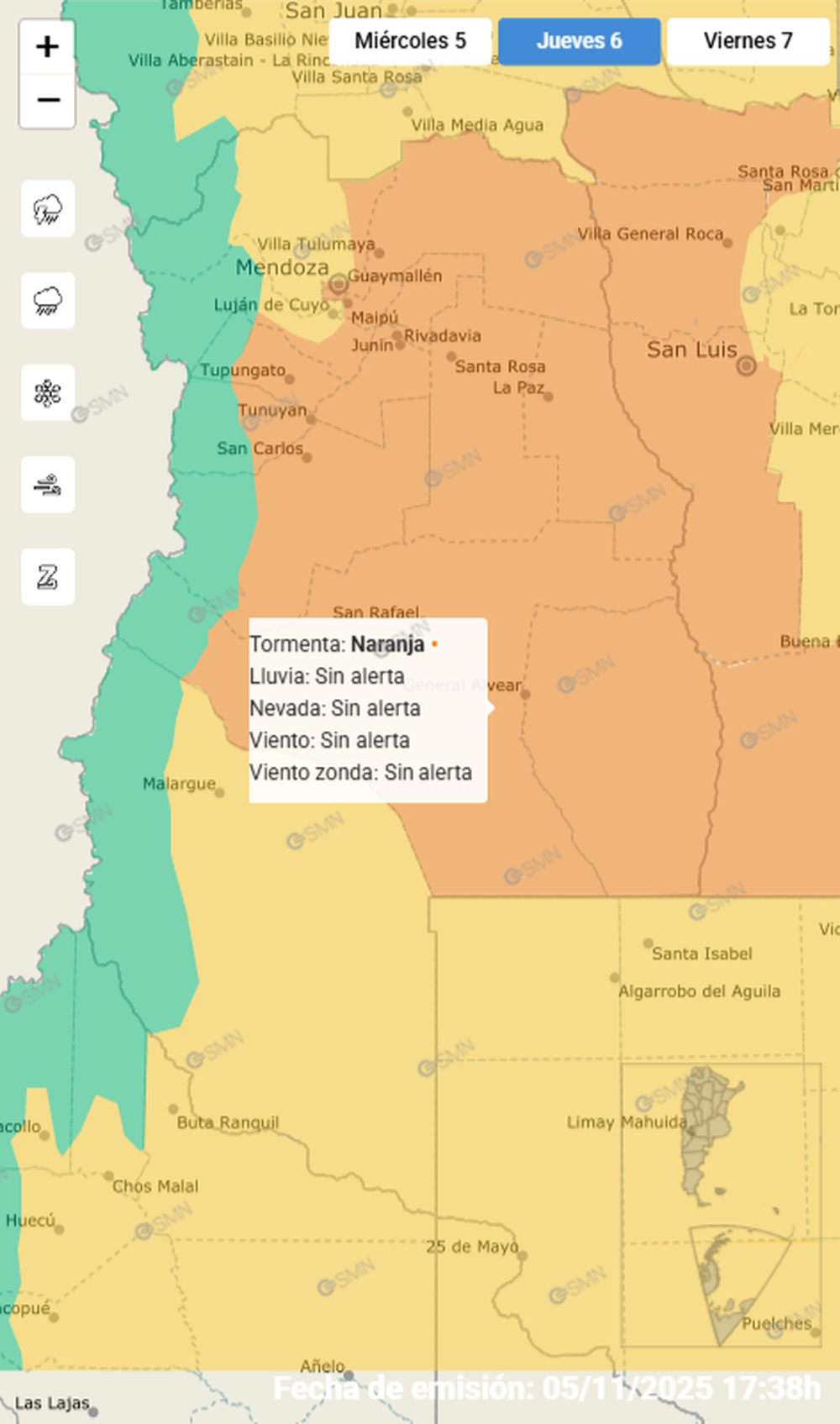 Waarschuwing voor storm en hagel afgegeven voor donderdag 6 november in Mendoza.