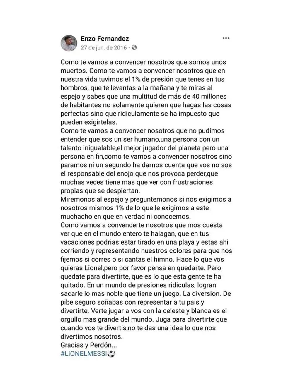 La carta completa de Enzo Fernández a Lionel Messi publicada en su perfil de Facebook.