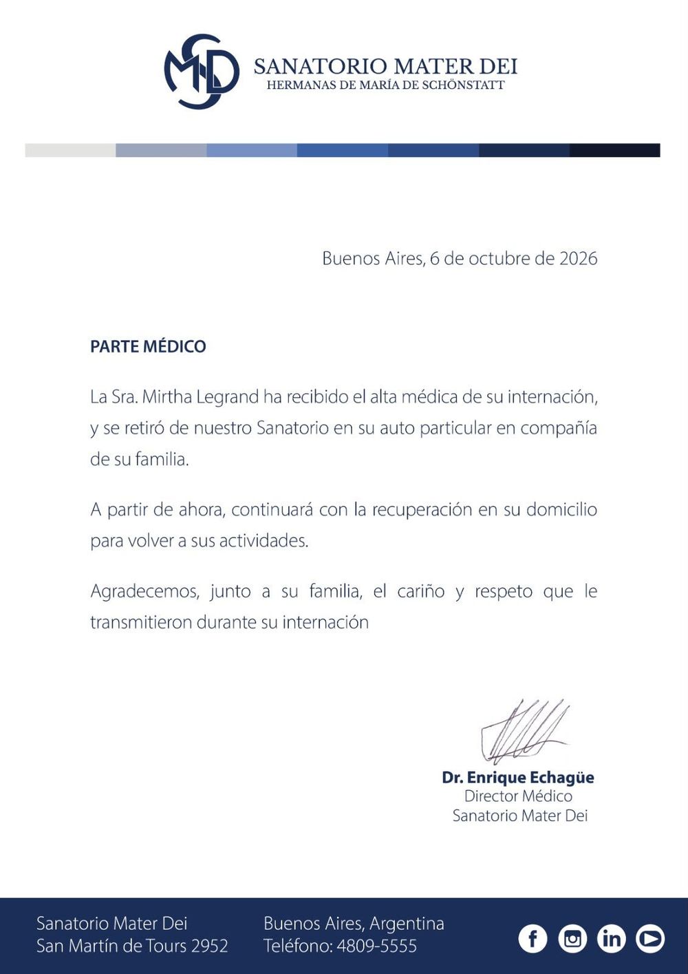 Mirtha Legrand continuará su recuperación acompañada de su familia en casa.