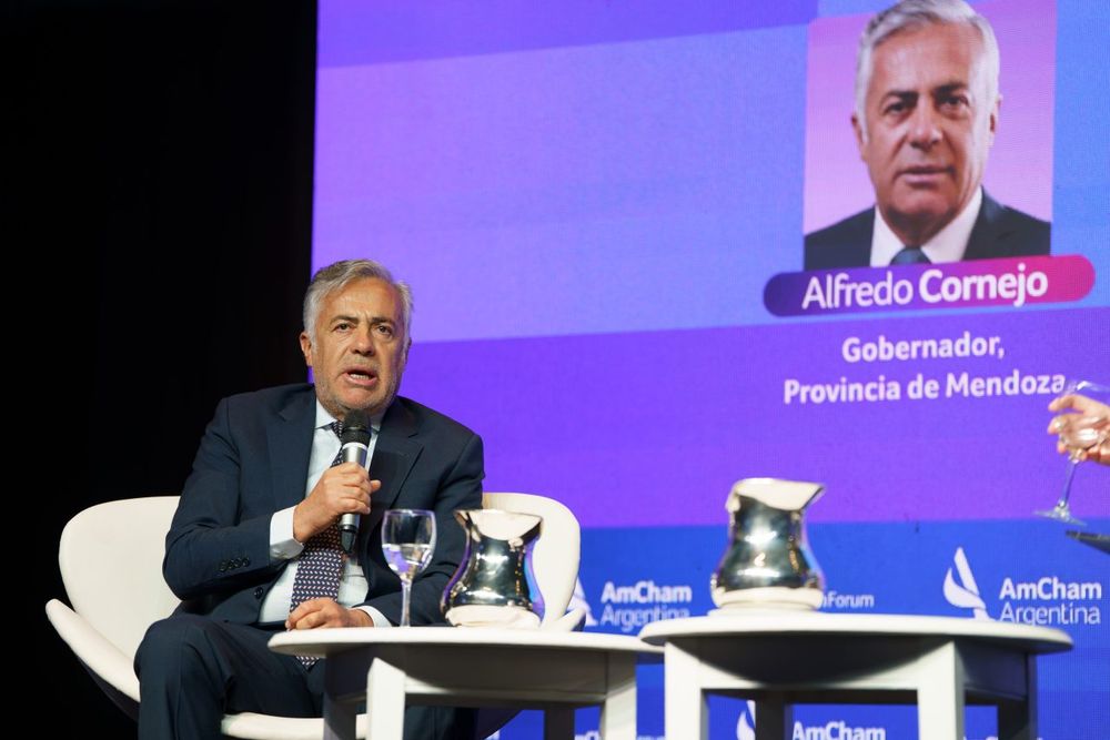 Alfredo Cornejo habló en el foro de AmCham sobre el Impuesto a los Combustibles. Foto: Prensa Gobierno de Mendoza.