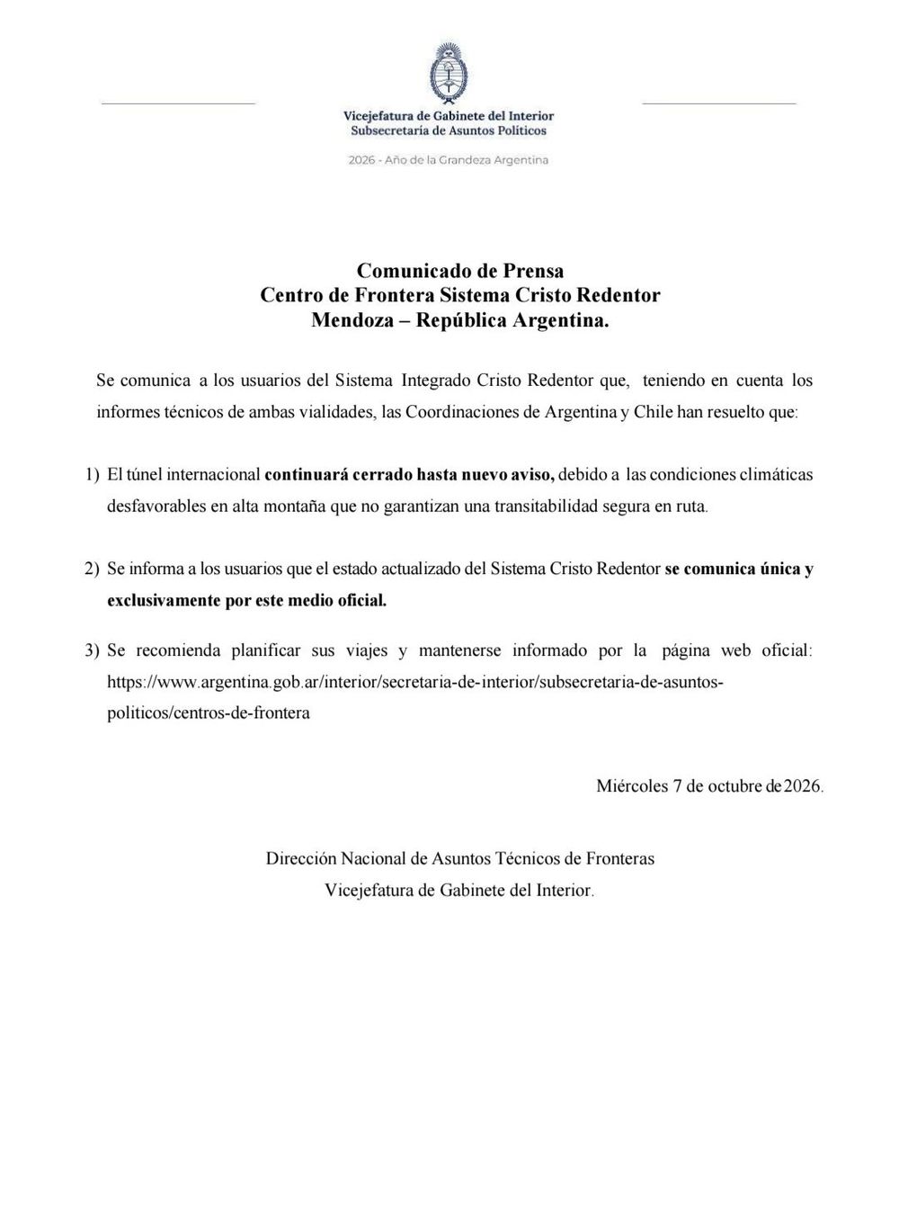Comunicado del Sistema Integrado Cristo Redentor