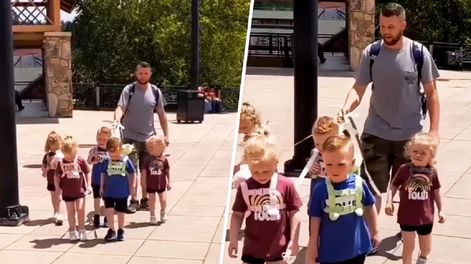 Un papá pasea a sus hijos con correa y hay polémica en las redes sociales (Captura de video)