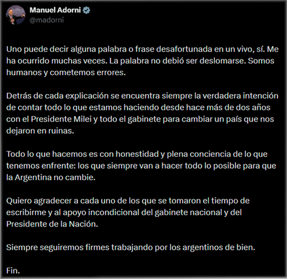 El posteo de Adorni.