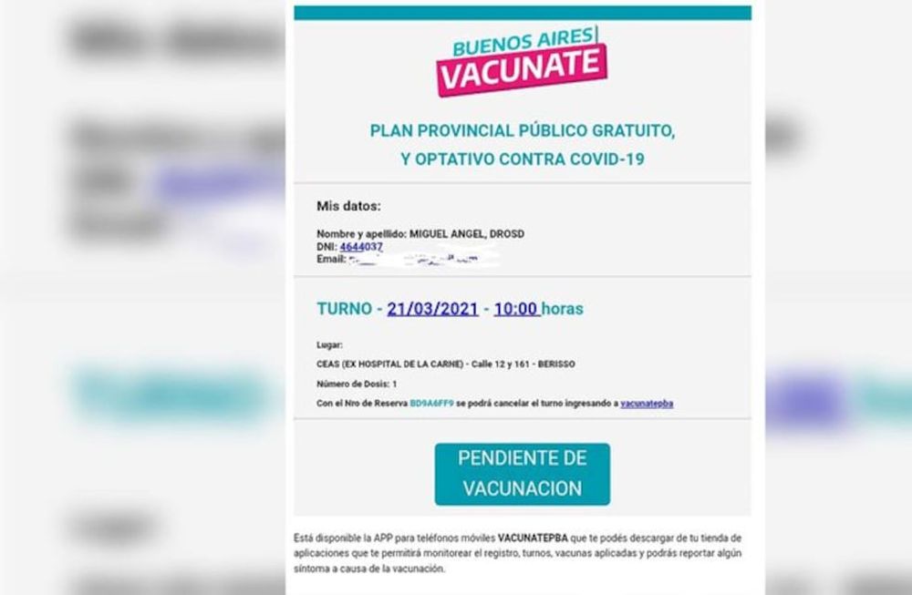 El hombre denunció en sus redes sociales que le dieron un turno para vacunarse a su padre que falleció hace más de 10 años. Foto: Gentileza.