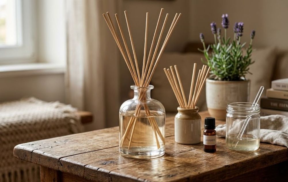 Aprovecha la forma elegante del frasco para crear un difusor con varillas.