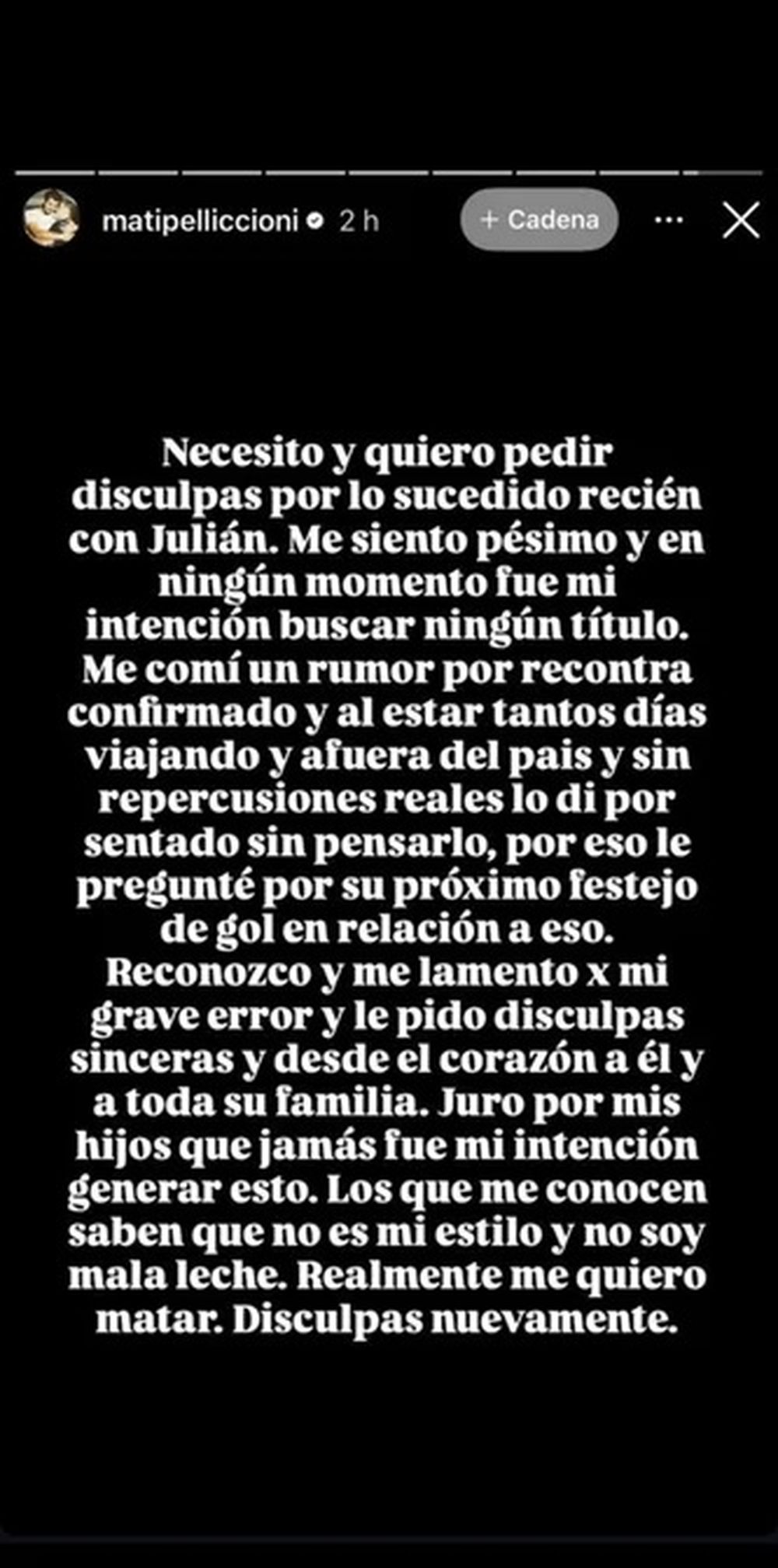 El pedido de disculpas de Mati Pelliccioni