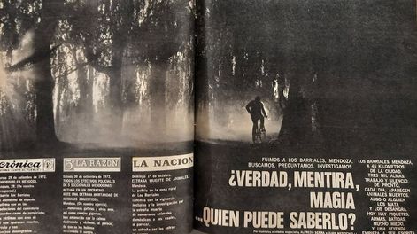 Los Andes | Dos de las páginas que le dedicó la revista Gente en 1972 a los hechos que se supone sucedían en Barriales, Junín. La fotografía es del célebre Gianni Mestichelli.