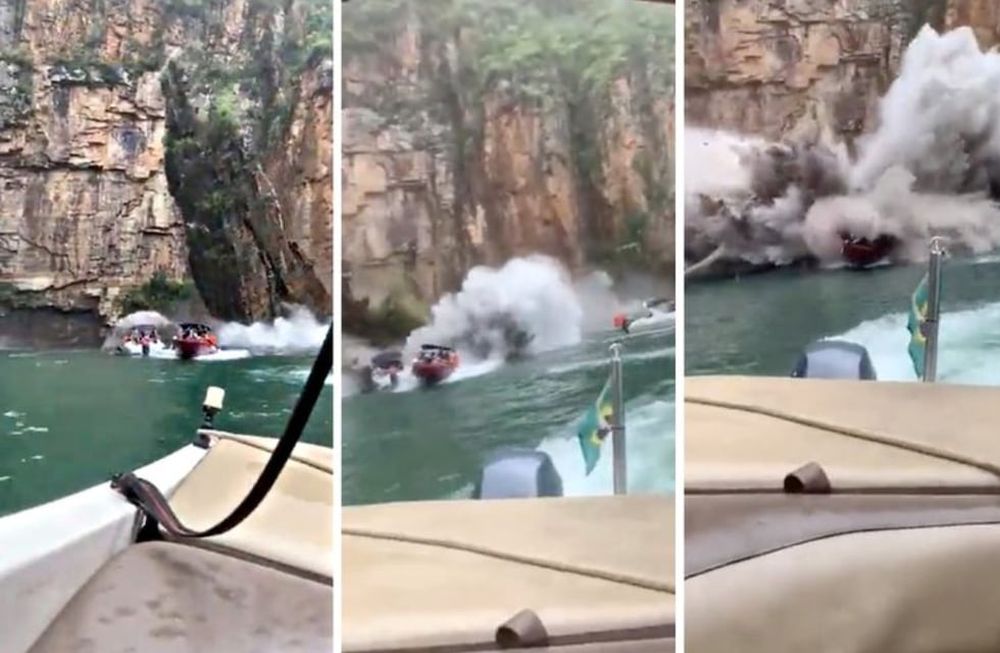 Brasil. El momento en que una roca se derrumba sobre una lancha en Minas Gerais. (Captura de video)
