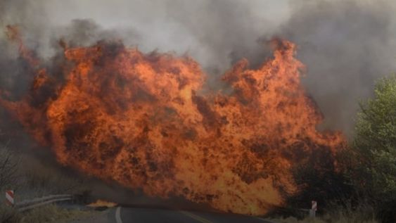 Bomberos, efectivos de la Policía Caminera, del ETAC y del Plan del Manejo del Fuego combatían intensamente los focos ígneos cerca de Dolores, donde se cortó la Ruta Nacional 38 por precaución.  Foto: Telefe