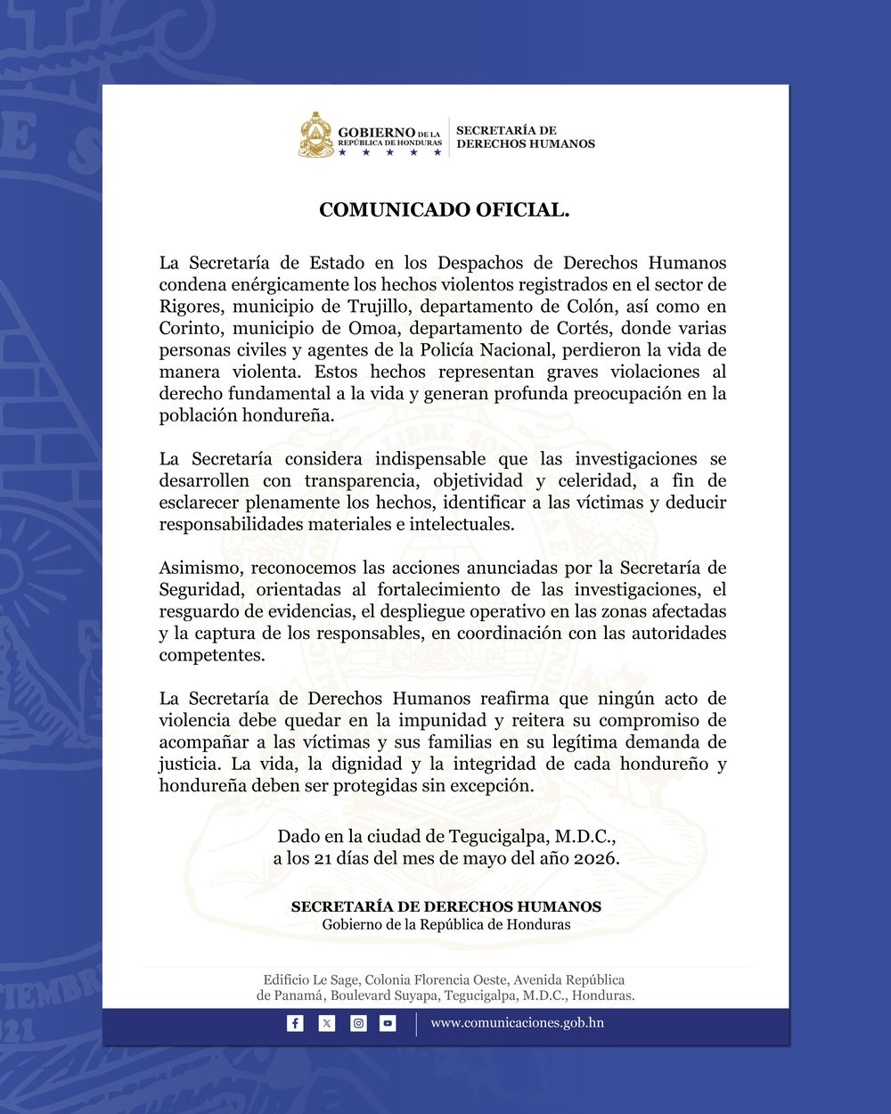 Comunicado de la Secretaría de Derechos Humanos de Honduras