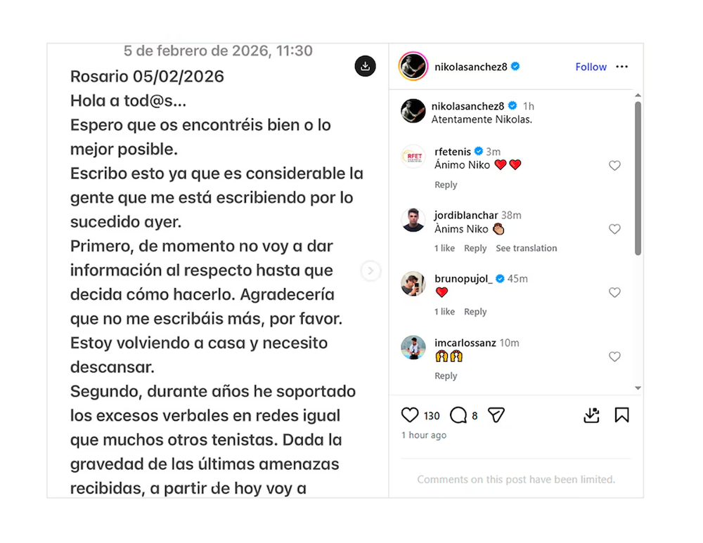 El tenista public&oacute; un comunicado en su Instagram abordando las amenazas que recibi&oacute; durante el torneo que disput&oacute; en Rosario.