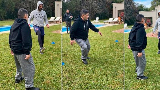 El 10 jugando al fútbol tenis con su preparador físico personal. Maradona  ha disminuido el consumo de alcohol y con una dieta balanceada, ha bajado 5 kilos. / Gentileza.