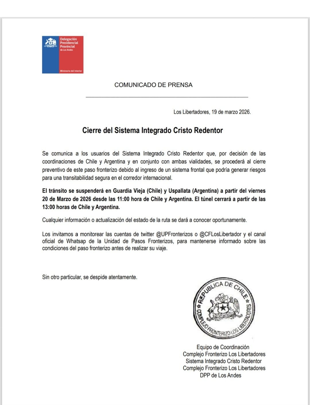 Comunicado oficial del cierre del Paso Cristo Redentor.