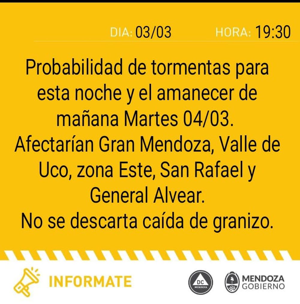 Alerta amarilla por tormentas en Mendoza