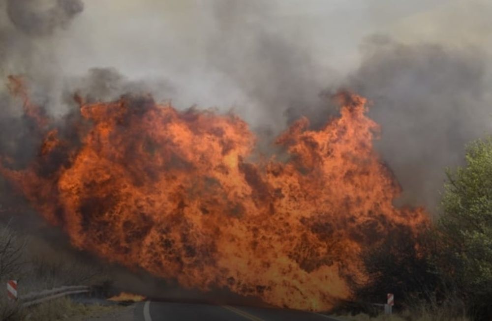 Bomberos, efectivos de la Policía Caminera, del ETAC y del Plan del Manejo del Fuego combatían intensamente los focos ígneos cerca de Dolores, donde se cortó la Ruta Nacional 38 por precaución.  Foto: Telefe