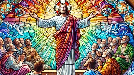 &nbsp;Jesús enseñando en el Sermón del Monte en estilo de vitral, con colores vibrantes. imagen generada con IA. En el Evangelio de hoy, Jesús enseña sobre el amor al prójimo.&nbsp;&nbsp;