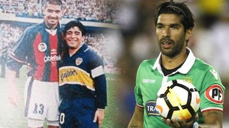 Sebastián Abreu y Diego Armando Maradona, durante un San Lorenzo-Boca. / Infocielo
