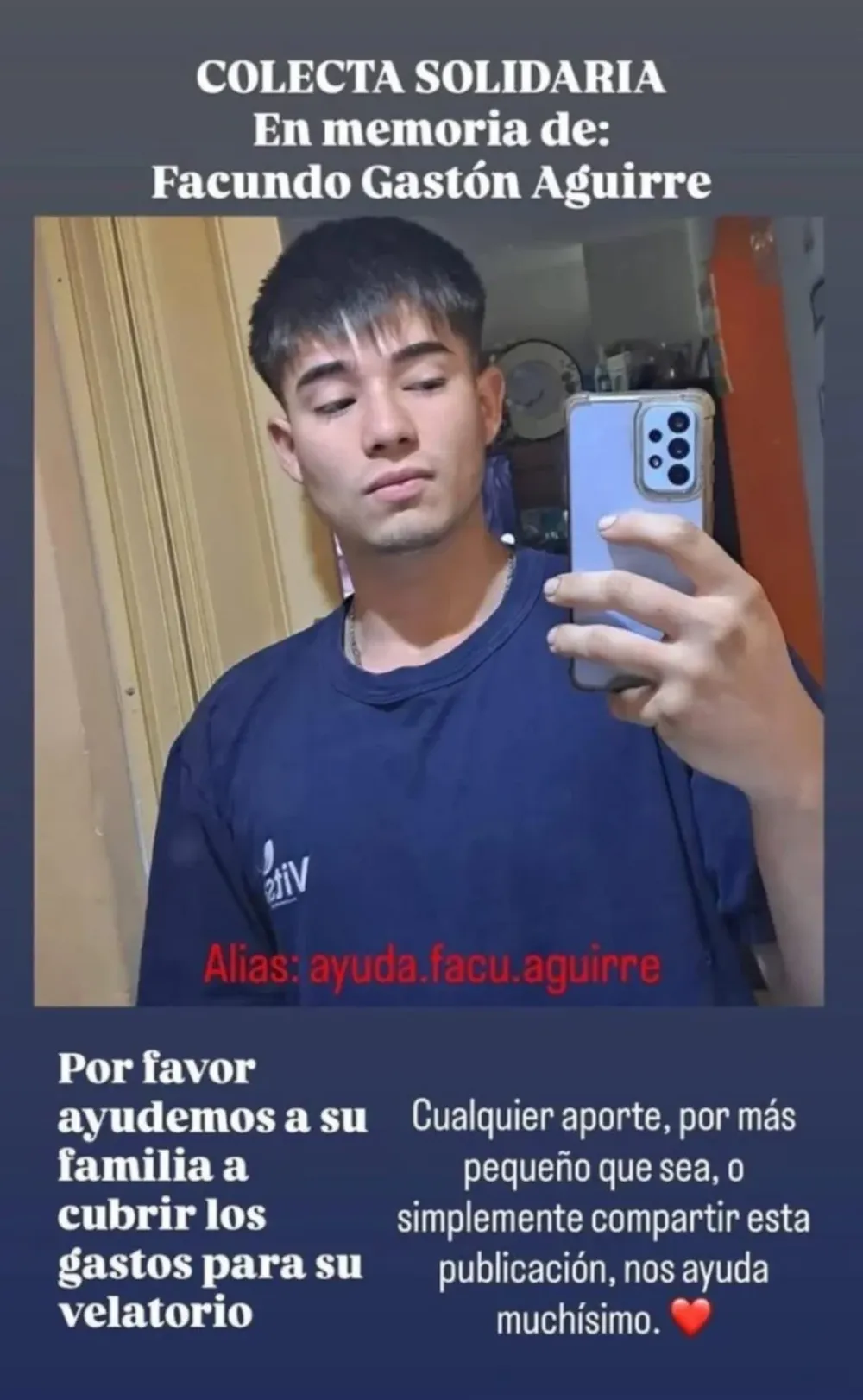 Familia, amigos y allegados de Facundo Aguirre iniciaron una campaña para recaudar fondos para cubrir los gastos de sepelio.