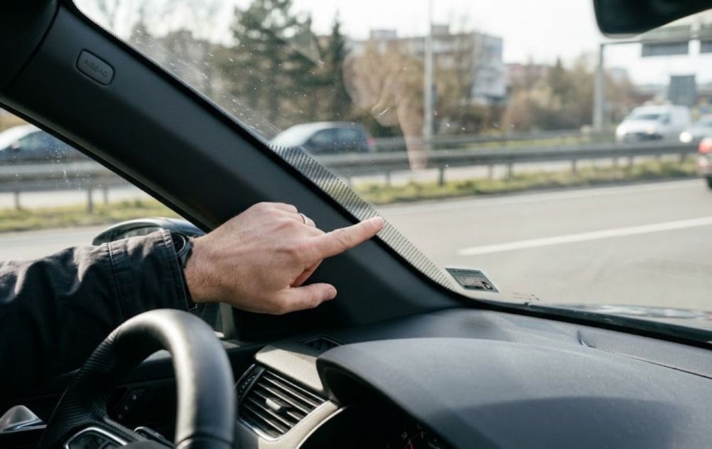Los puntos negros del parabrisas del auto forman una estructura diseñada para proteger el vidrio, el adhesivo y también la visión del conductor.