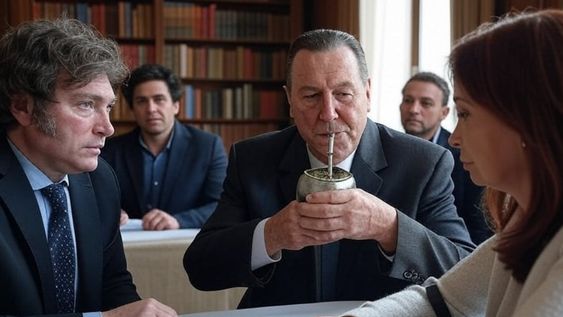 Perdón tomando mate con Javier Milei y Cristina Kirchner es una foto que se creó gracias a Aurora, el desarrollo de la red social X para crear imágenes hiperrealistas