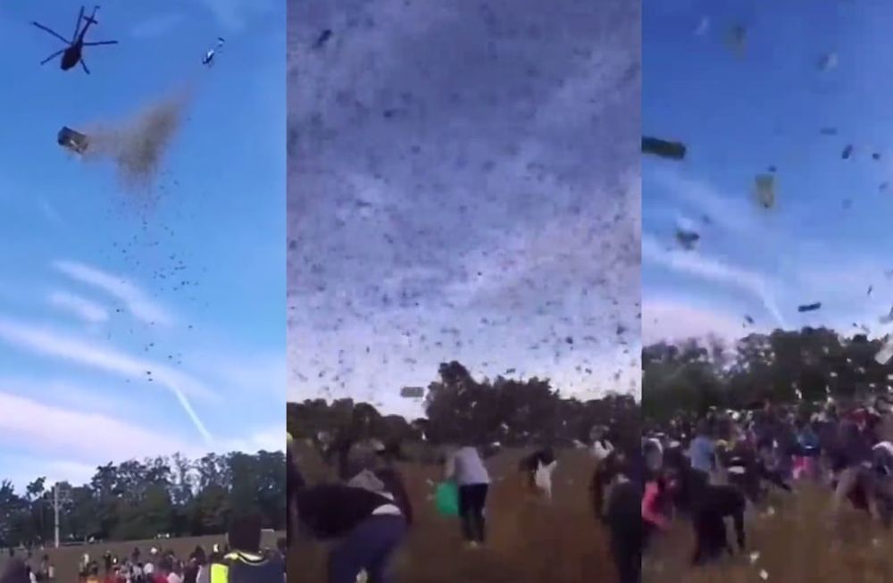 Los presentes, al ver que una gran cantidad de billetes caía desde un contenedor metálico, comenzaron a correr y gritar para poder agarrar la sorpresa del influencer. Foto: Captura video