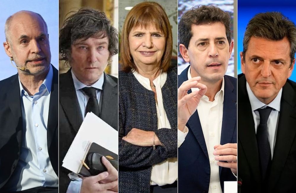 Horacio Rodríguez Larreta, Javier Milei, Patricia Bullrich, Eduardo Wado de Pedro y Sergio Massa son algunos de los precandidatos presidenciales 2023. Foto: web