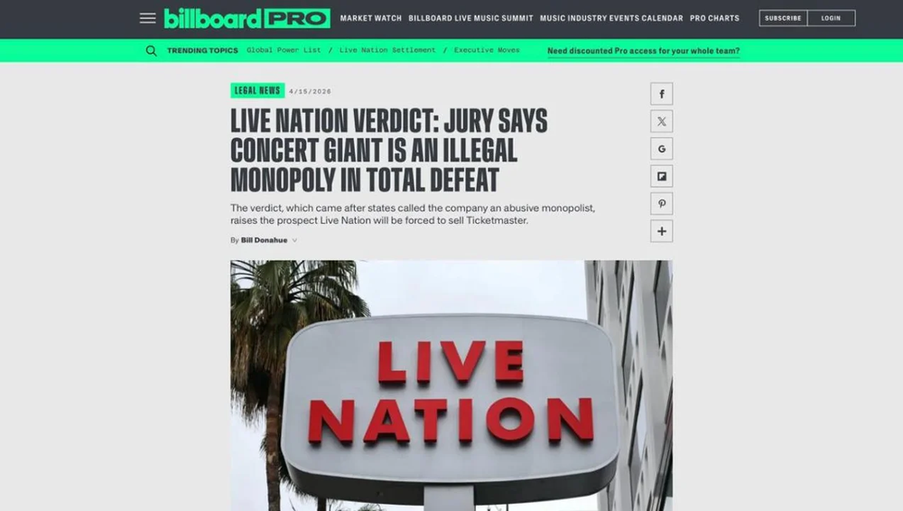 Un jurado federal de Estados Unidos determinó que la empresa Live Nation Entertainment incurrió en prácticas monopólicas ilegales.