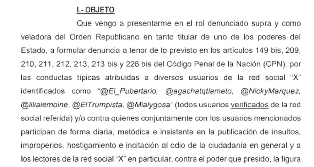 Además de Lemoine, la presentación apunta contra Javier Negre, dueño de La Derecha Diario, Nicolás Márquez, biógrafo de Milei, y varias cuentas de X como @El_Pubertario, @agachatqtlameto, @ElTrumpista y @Mialygosa, esta última vinculada informalmente a la diputada.
