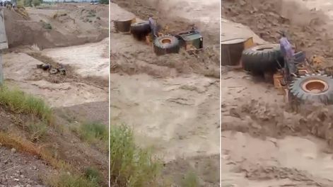 Rescataron a un operario de una retroexcavadora que quedó atrapado en el el lecho del río en Anchoris tras la crecida por la tormenta.
