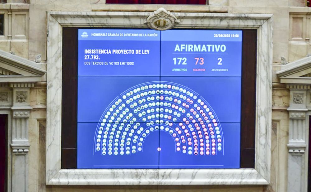 La Cámara de Diputados rechazó esta tarde por 172 votos contra 73 el veto a la ley de discapacidad, al haber logrado los dos tercios para insistir con la sanción de la ley aprobada por el Congreso. El rechazo al veto fue respaldado por los diputados de Unión por la Patria (UxP), Encuentro Federal, Democracia para Siempre, la Coalición Cívica, Innovación Federal y el grueso de una decena de radicales. 
