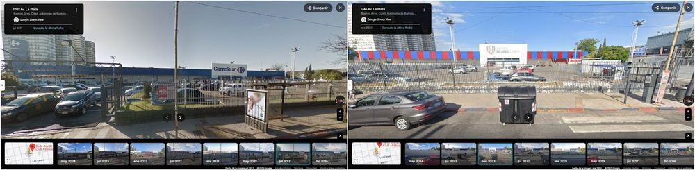 Comparación hecha el 14 de julio de 2025 de una captura de Google Maps de la ubicación del Carrefour en 2017 y una de 2023 cuando el local ya no estaba.