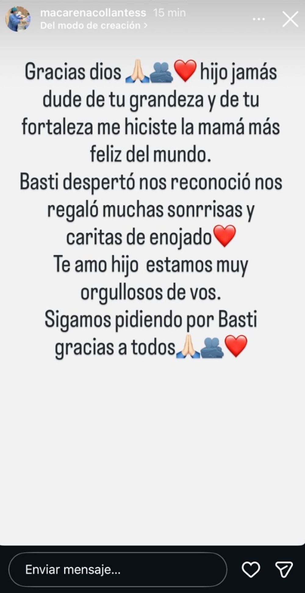 El mensaje de la mamá de Bastian. 