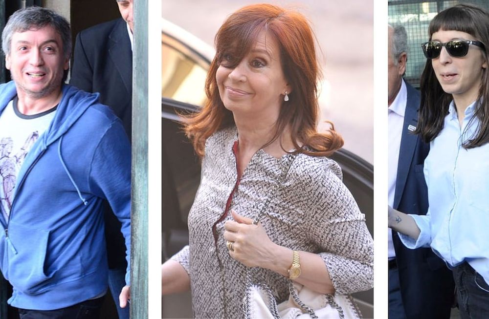 Cristina Fernández de Kirchner,  Florencia y Maximo Kirchner saliendo de Comodoro Py en una de las tantas declaraciones por la causa. Foto Archivo