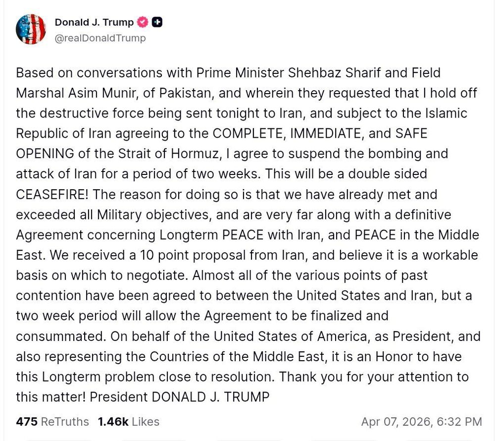 Mensaje de Trump en la red social Truth Social para anunciar nuevas negociaciones con Irán por dos semanas con alto al fuego incluido.