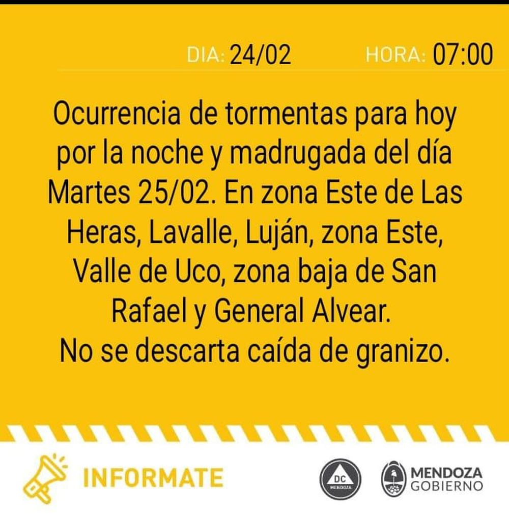 El pronóstico del tiempo emitió una alerta amarilla por tormentas en Mendoza. 
