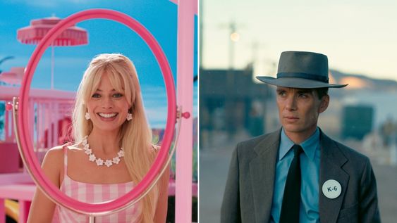 Esta combinación de imágenes muestra a Margot Robbie en una escena de Barbie, a la izquierda, y a Cillian Murphy en una escena de Oppenheimer. (Warner Bros Pictures/Universal Pictures vía AP)