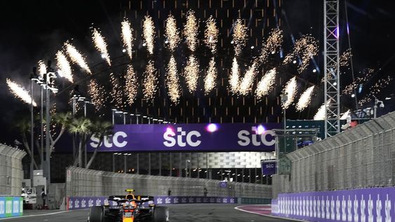 Jeddah (Saudi Arabia), 19/03/2023.- Winner Mexican driver Sergio Perez (C) of Red Bull Racing, second placed Dutch driver Max Verstappen (L) of Red Bull Racing and third placed Spanish driver Fernando Alonso of Aston Martin during the podium ceremony for the Formula One Grand Prix of Saudi Arabia at the Jeddah Corniche Circuit, Saudi Arabia, 19 March 2023. (Fórmula Uno, Arabia Saudita) EFE/EPA/STR