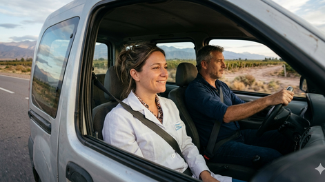 Un viaje con una acompañante inesperada. Foto generada con IA.