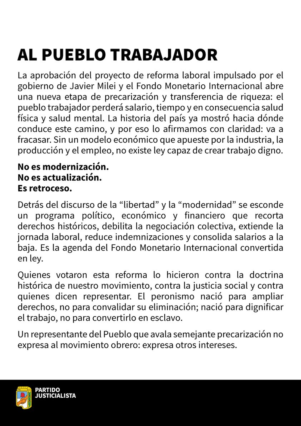 Comunicado del Partido Justicialista.