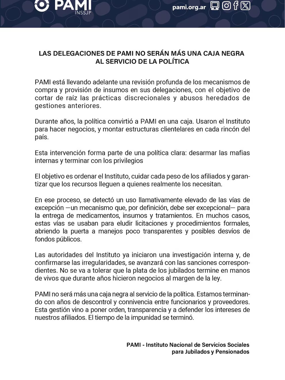 El PAMI anunció una investigación interna por supuestos desvíos de fondos públicos en gestiones anteriores.